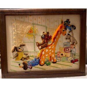Crewel Animal-Themed Wall Art in Wooden Frame 16.5"x20" for Kids Room Vtg